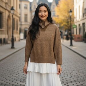 Aureum Sweater Tunic Women XS Tan Camel Cowl Neck Quiet Luxe Old Money Oversize